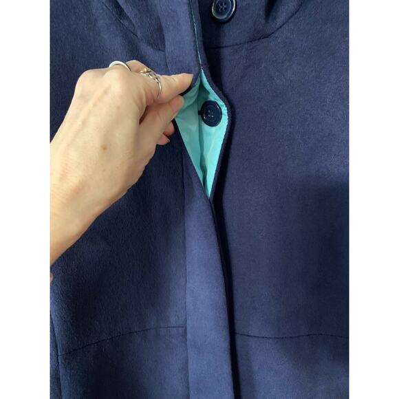 Chico's Hooded Faux Wool Coat Navy Blue With Teal Lining Mid Length Sz 1 (S) - Picture 6 of 16